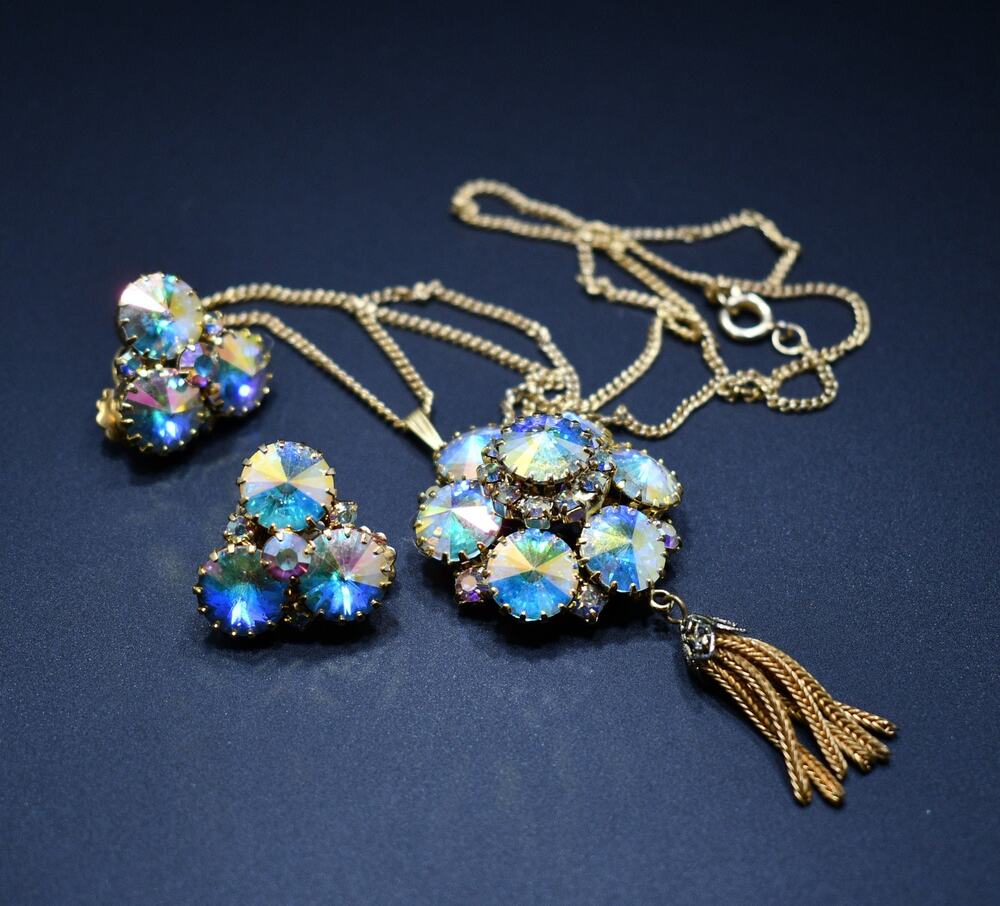 Vintage Rivoli Pendant & Earrings, Aurora Borealis Rhinestones, 1960s Vintage